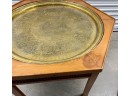 Vintage Genuine Moroccan Mashrabiya Hexagonal Teak Table With 39 Inch Etched Solid Brass Tray Insert