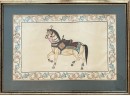 Vintage Large Silk Horse Painting In Gold Tone Frame