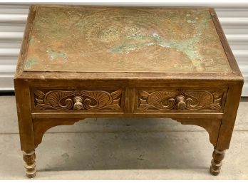 Vintage Genuine Moroccan Mashrabiya Teak Solid Etched Copper Top 2-drawer Side Table