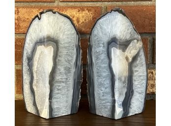 Gorgeous Pair Of Cut Druzy Agate And Quartz Geode Bookends