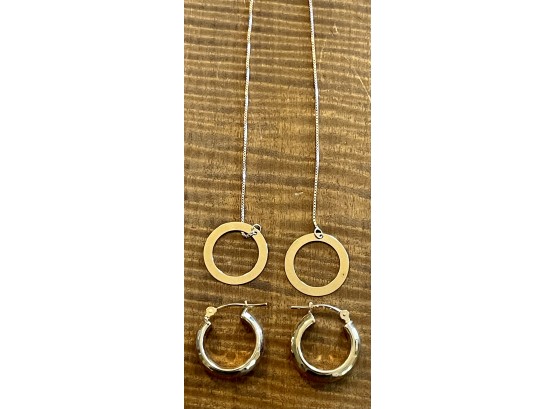 (2) Pairs Of 14k Gold Earrings - (1) Hoops, (1) Chain Dangles  - 1.8 Grams Total