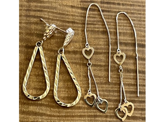 (2) Pairs Of 14k Gold Earrings - Tear Drops 1.75', Chain Link Heart Threaders 4.25' - 3.2 Grams Total