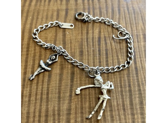 Vintage Sterling Silver Charm Bracelet With Golfer And Ballerina Charm 7' - 7.3 Grams