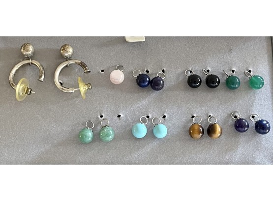 Pair Of Sterling Silver Earrings With Interchangeable Round Stone Beads - Jadeite, Turquoise, Tigers Eye, More