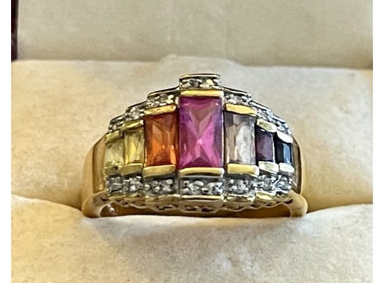 UTC 925 Sterling Silver Gold Plated Synthetic Sapphire And CZ Ring Size - 9 - 6.2 Grams Total