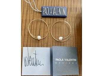 Paolo Valentini 14k Gold And Pearl Wire Hoop Earrings With Box And Tags