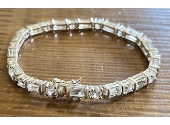 Sterling Silver And Clear Topaz 7.5' Tennis Bracelet Thailand With Double Safety Latch - 18.6 Grams Total