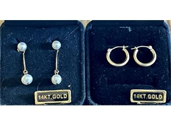 (2) Pairs Of 14k Gold Hoop And Dangle Pearl Earrings