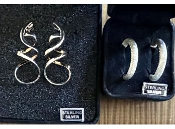 (2) Pairs Of Sterling Silver Post Earrings - (1) Hoops, (1) Twist