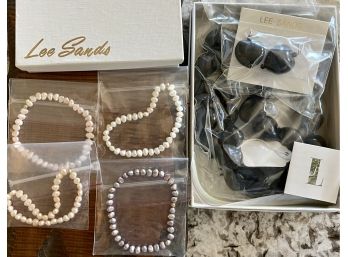 Collection Of Lee Sands NIB Fresh Water Pearl Stretch Bracelets And Kukui Nut Ribbon Necklace With Earrings