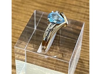 10k White And Yellow Gold Ladies Cast Diamond And Natural Blue Topaz Stone Ring Size 8.75 - 3.94 Grams Total