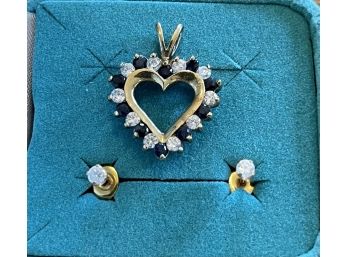 Gold Plated Sterling Silver And Blue Topaz Heart Pendant With A Pair Of 14k Gold CZ Earrings