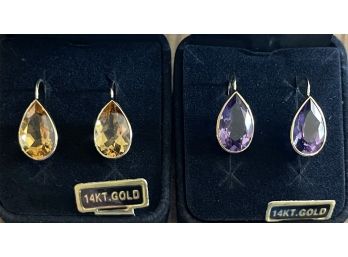 (2) Pairs Of 14k Gold Tear Drop Wire Earrings - (1) Faceted Amethyst And (1) Faceted Citrine