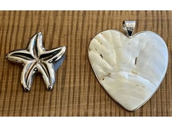 Sterling Silver CNA Thailand Starfish Pin And A Sterling Silver And Mother Of Pearl Shell DTR Heart Pendant