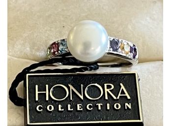 Honora Collection Sterling Silver And Multi Colored Gemstone Ring With Center Pearl Size 7