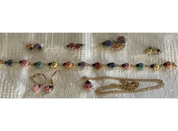 Joan Rivers Interchangeable Lady Bug Gold Tone Necklace, Bracelet, Earrings, And Extra Charms