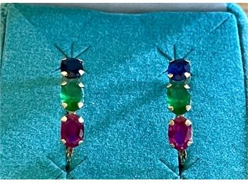 Pair Of 14k Gold Blue And Red Sapphire Stone Earrings - 1.7 Grams Total