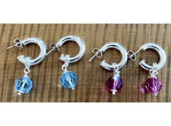 (2) Pairs Of Sterling Silver Hoops - Blue And Purple Beads