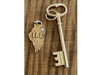 (2) 14k Gold Charms - Illinois With Small Diamond 1.5' And A Skeleton Key 1.75' - 4.5 Grams Total