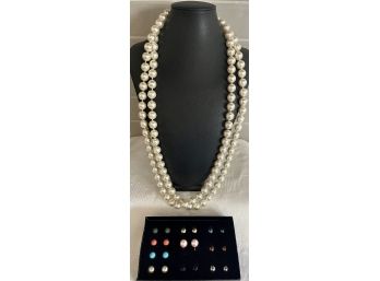 (2) 32' Strands Of Joan Rivers Faux Pearls And Box Of Interchangeable Assorted Color Faux Pearl Earrings