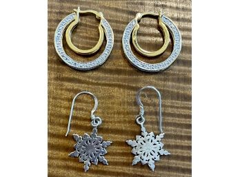 (2) Pairs Of Sterling Silver Earrings - (1) Snowflakes And (1) Gold Plated Hoop