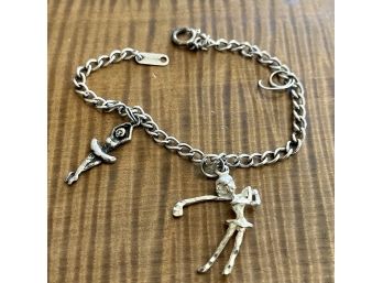 Vintage Sterling Silver Charm Bracelet With Golfer And Ballerina Charm 7' - 7.3 Grams