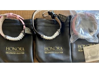 (3) Honora Freshwater Pearl Sterling And Leather Band Bracelets - (2) Pink And (1) Black