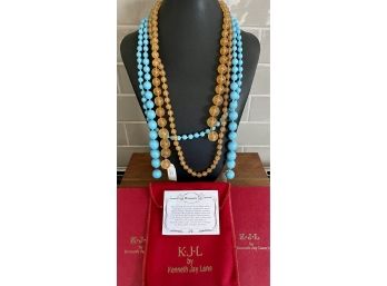 (2) KJL Kenneth J Lane Lariat Bead 52' Necklaces With Original Tags, Paperwork, And Boxes - Orange And Blue