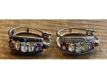 Pair Of Gold Plated Sterling Silver 925 Multi Stone Earrings - Amethyst, Citrine, Blue Topaz, Garnet, And More