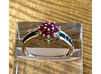 14k Yellow Gold Ladies Cast Ruby, Emeralds, Blue Sapphire, 21 Stone Ring Size 9 - 3.5 Grams Total
