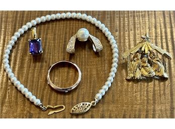 Faux Pearl 7.5' Bracelet, 9.25 Gold Tone Ring, RMN Necklace Slide, And Purple Faux Stone Slide, Holiday Pin
