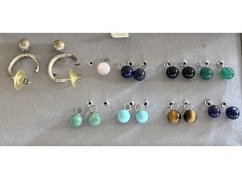 Pair Of Sterling Silver Earrings With Interchangeable Round Stone Beads - Jadeite, Turquoise, Tigers Eye, More