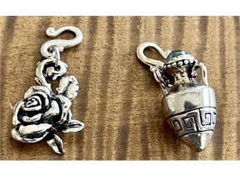 (2) Sterling Silver Traditions Series Amphora Blue Topaz Cabochon And Rose Charms - 11.9 Grams Total