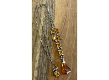 Antique Lavaliere Amber Glass 16' Necklace Silver Tone