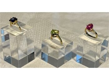 (3) Technibond 18k Gold Bonded To Sterling Silver Rings With Simulated Stones Size 5 -peridot, Tourmaline, Mor
