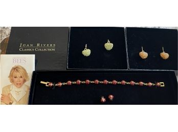 Collection Of Joan Rivers Crystal Heart Earrings, Enamel Lady Bug 7' Bracelet And Earrings NIB With Paperwork