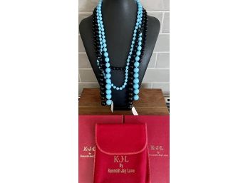 (2) KJL Kenneth J Lane Lariat Bead 52' Necklaces With Original Tags, Paperwork, And Boxes - Blue And Black