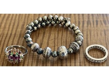 Relios Jewelry  Sterling Silver Stamped Bead Bracelet, (2) Sterling Silver Rings - Stone Size 6 And CZ Size 5