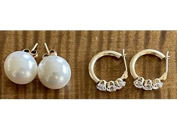 (2) Pairs Of 14k Gold Earrings - (1) With Clear Stones, (1) With Pearls