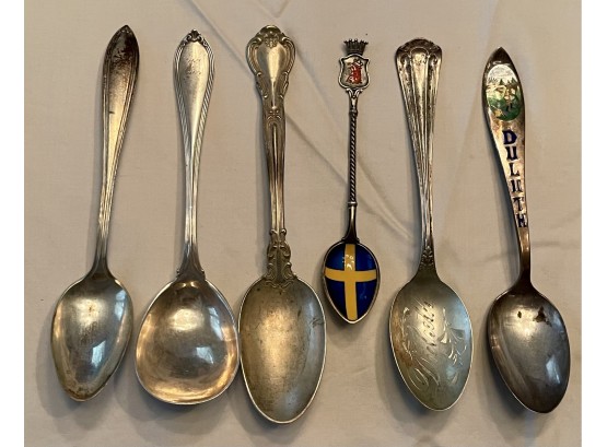 (6) Vintage & Antique Sterling Silver And Enamel Spoons - Duluth, Alvin, J.S. Co, & More (116 Grams)