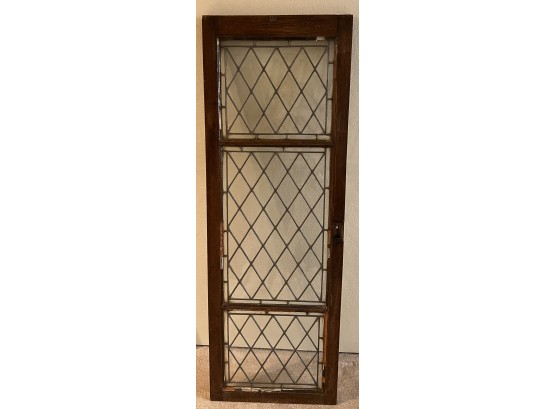 Antique 20 X 58 Inch Wooden Leaded Metal Lattice Glass Door (as Is)