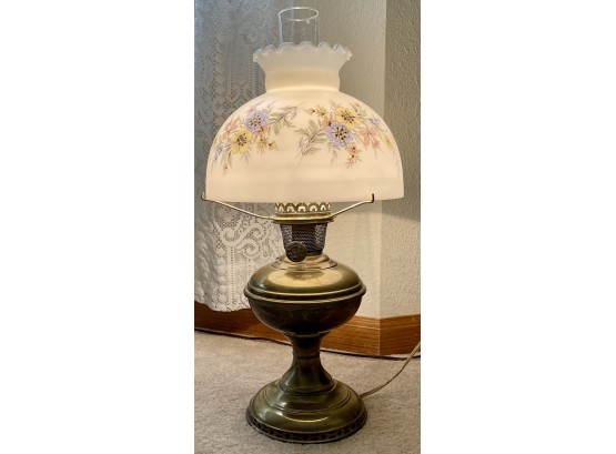 Antique Aladdin 1915-16 Mantle Oil Lamp Co. Brass Oil Lamp Converted To Electric With Floral Glass Shade