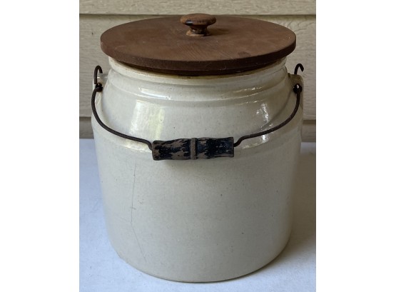 Antique 9 Inch Stoneware Crock With Wooden Handle And Lid