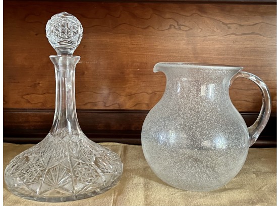 Vintage Crystal Decanter And A Hand Blown Glass Pitcher