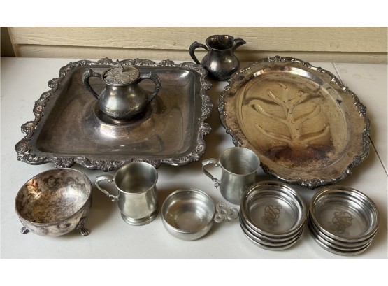 Small Silver Plate And Pewter Lot - Leaf Dish, Cream And Sugar, Platter, Mugs, And More