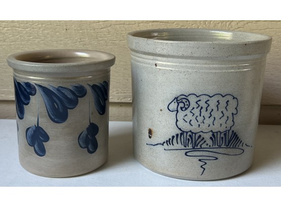 (2) 1989 Signed David Eldreth Nottingham PA Hand Painted Small Stoneware Crocks