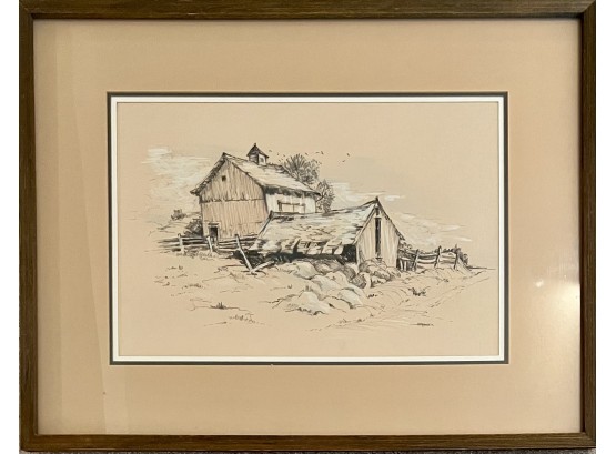 Original Signed H. Mandell Homestead Sketch In Barn Wood Frame