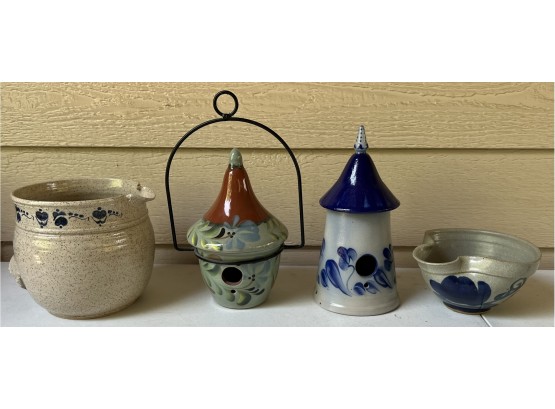 (4) Assorted Pieces Of Signed Stoneware Pottery - (2) Bird Houses, (2) Pitchers