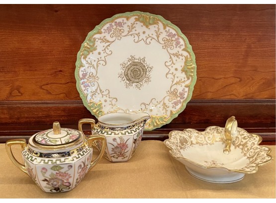 Antique Limoges France Biarritz S. W. Co. Plate, Hand Painted Nippon Moriage Dish, Noritake Cream And Sugar