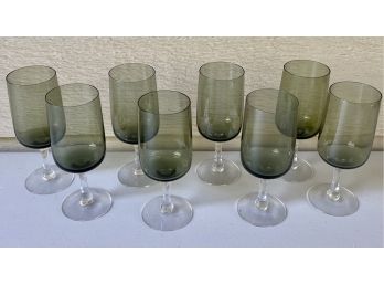 (8) Vintage Fostoria Glamour Green Glass Small Goblets With Clear Stems